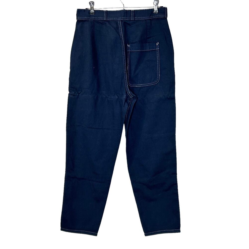 Sandrine Rose French Worker Patchwork Wide Leg Cotton Linen Pants Blue 24 NWT